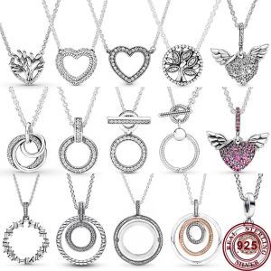 Hängen Hot Selling 925 Silver Classic Genealogy Tree Shining Angel Wings Original Women's Circular Logo Halsband DIY Charm smycken