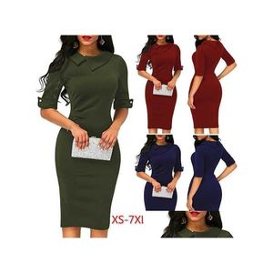 Grundläggande avslappnade klänningar Casual Dresses Women Spring Summer Turn-Down Collar Fit Work Dress Vintage Elegant Business Office Pencil Body DHB5A