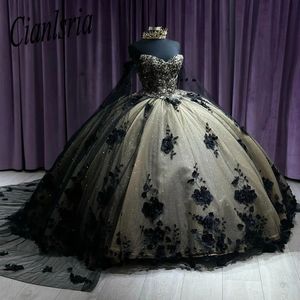 Black Quinceanera Dresses 2024 Mexico residos de 15 anos Quinceaneras 3d Floral XV Brithday 파티 가운 Sweet Dress
