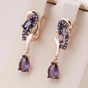 Brincos pendurados Kinel Roxo Zircão Natural Long Drop para mulheres exclusivos 585 rosa ouro e preto chapeamento joias de casamento vintage