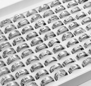 100 pçs moda oco prata cor anéis de banda de aço inoxidável para homens mulheres mistura animal amor jesus etc estilo tamanho 17mm a 21mm9033932