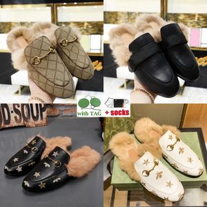 princetown loafers Fur Slippers black pink white flats leather velvet Half Slipper Pattern Slides Autumn Winter Warm Classic Metal Buckle Embroidery Mens womens