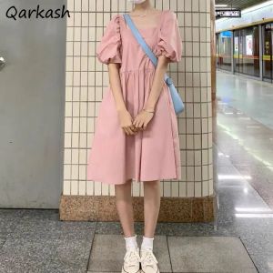 Dresses Dresses Women Loose Pink Girlish Summer Kneelength Casual Holiday Feminine Puff Sleeve Sweet Retro Pure Color Chic Prince Soft