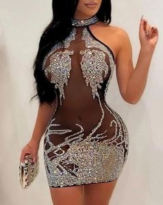 Vestidos casuais mulheres 2024 primavera moda sheer malha contraste strass sexy mock pescoço sem mangas bodycon mini semi-sheer vestido