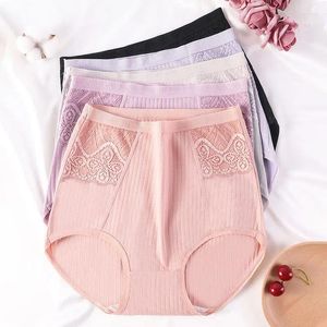 Women's Panties 1pcs Fashion Cotton High-waisted Sweat-absorbing Lace Edge Briefs Solid Color Underwear Middle-aged Underpants