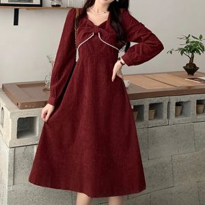 Abiti coreano casual allentato manica lunga donna nero rosso abiti autunno inverno addensare velluto a coste abito aline per le donne abiti a metà polpaccio