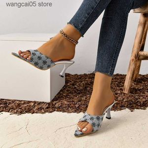 Slippers Pointed Print High for Women in 2024 New Large Fish Mouth Exposed Toe Slim Heel Womens Sandals T240220