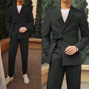 Casual Männer Anzug Hochzeit Schal Revers Taille Strap Bräutigam Smoking Bräutigam Anzüge 2 Stück (Blazer Hose) freizeit Anlass Benutzerdefinierte Größe