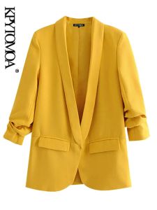 Smycken KPytomoa Women Fashion Office Wear Basic Blazers Coat Vintage Pleated Long Sleeve Pockets Female Outerwear Chic Tops