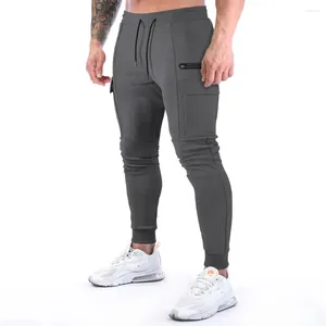 Calças masculinas de algodão carga calças ginásio cinza pista sweatpants corredores treino casual treino zíper bolso fitness masculino correndo