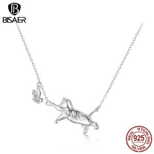 Necklaces BISAER 925 Sterling Silver Cat & Butterfly Pendant Necklace Zircon Adjustable Chain Plated Platinum for Woman Party Fine Jewelry