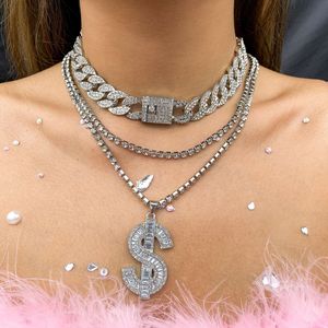 Smycken punk dollar hänge flash diamant lång halsband hip hop super cool kubansk kedjhalsband