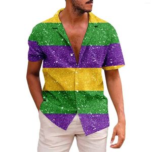 남성용 캐주얼 셔츠 남성 Mens Mardi Gras Carnival Constrast 스트라이프 프린트 짧은 슬리브 옷깃 버튼 블라우스 하와이 복고풍 의류