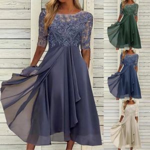 Kleider für Damen, Tee-Länge, Stickerei, Spitze, Chiffon-Kleid, Damen, Party, Brautjungfer, Damen, lockere mittlere Ärmel, elegante Kleider für Damen