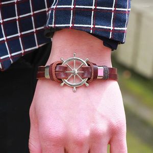 Charm Bracelets 2024 Men's Leather Bracelet Metal Punk Style Rudder Real Cowhide Rope Anchor Wheel Jewelry Daily Wearing