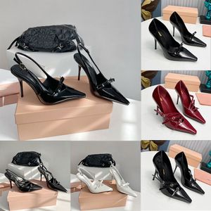 Designer Patent leather slingback pumps heels with buckle embellished stiletto sandals slippers shoes women's Luxury High-heeled pointed toe Evening Dress shoes