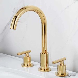 Bathroom Sink Faucets Gold Plated Brass Split Basin Faucets Round Bathroom Sink Faucet 3 Hole Double Handle Tub Tap Rotatable Hot Cold Water Mixer Tap