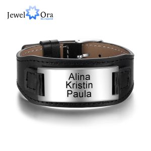 Bracelets Personalized Stainless Steel ID Engraved Bracelets for Men Customized Wide Black Leather Bracelets & Bangles Fathers Day Gifts