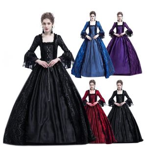 Klänningar halloween kvinnor viktorianska medeltida drottning cosplay kostym vintage retro gotisk spetsstitiching spets upp fest långa maxi klänningar