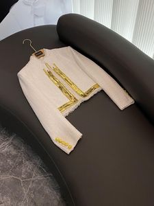 Giacca in tweed con perline di colore bianco a contrasto primaverile Manica lunga con scollo a V Paillettes Giacche classiche Cappotto Capispalla corto O3O072632