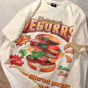 Homens camisetas American Retro Fun Burger Imprimir T-shirt Homens e Mulheres Loose Casal Outfit High Street Hong Kong Estilo All-Match Meia Manga TopH24220