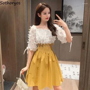 Party Dresses Women Patchwork Short Sleeve Square Collar High Waist Hugging Korean Stylish Knee Length Vestidos Fashion Appliques