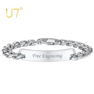 Armband U7 Rostfritt stål 10mm bredt trottoarkant ID -armband för man Personlig lasergravelplatt Tag Charm Bangle Size 19 /21cm