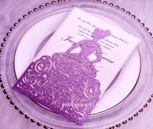 Convites de casamento cortados a laser com glitter roxo cartões polvilhados para aniversário 15 Quinceanera convites doce 16º convites8361112