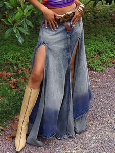 Saias Split Denim 2024 Cintura Alta Característica Cowboy Saia Vintage Gradiente Guarda-chuva Hem Maxi Lady Retro Irregular