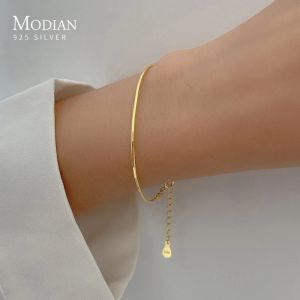 Bangles Modian Classic Basic 925 Sterling Gümüş Moda Basit Altın Renkli Yılan Zinciri Bileklik Kadınlar için Bağlantı Zinciri Bileklik Fine Takı