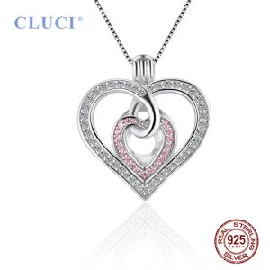 Pingentes CLUCI Mulheres Românticas Corações dos Namorados Colar Pérola Pingente 925 Sterling Silver Rosa CZ Medalhão Encantos SC446SB