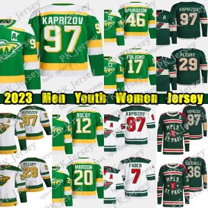 97 Kirill Kaprizov camisa de hóquei 29 Marc-Andre Fleury Jared Spurgeon Mats Zuccarello Pat Maroon Marcus Foligno Brock Faber Matt Boldy Personalizado Homens Jovens Mulheres Jerseys