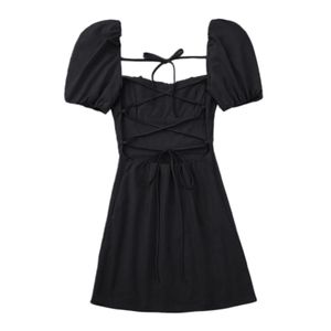 Mulheres preto moda mistura vestido feminino decote quadrado manga curta puff mangas sem costas cruz cinta vestido sem alças das mulheres 240220