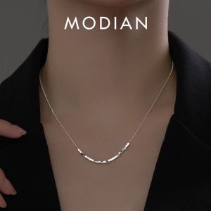 Colares Modian 925 Sterling Silver Slide Block Sparkling Colar Básico Chain Link Simples Fine Jewelry para Mulheres Presente do Dia dos Namorados