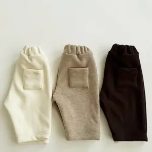 Trousers Baby Clothing Winter Style Plush Pocket Autumn Pants For Boys And Girls Casual Solid Color Thick Warm Simple Kids