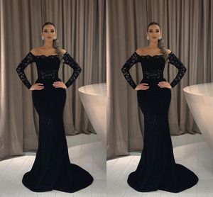 Full Black Elegant Lace Mermaid Evening Dresses Off Shoulder Long Sleeves Floor Length Prom Dress Formal Wear Birthday Party Special Ocn Gowns