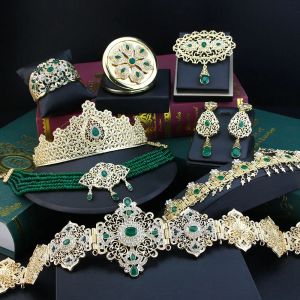 Conjunta SunSpicems Luxury Marrocos Bride Wedding Jewelry Conjuntos 8pcs para mulheres Cristal de ouro Cristal Árabe Caftan Belt Cheker Broche Chain Chain
