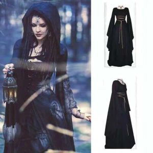 Elbiseler Vintage Ortaçağ Cadı Cadılar Bayramı Cosplay Kostüm Elbise Kadınlar 2023 Yeni Sonbahar Kış uzun kollu Yuvarlak Boyun Kemeri Düzensiz Elbiseler