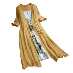 Dresses 2pcs/set Oversize Lady Flower Print Cotton Linen Sleeveless Dress with Cardigan Hot Apparel Women Summer Elegant Dresses