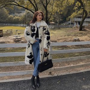 Necklaces 2023 New Pure Imported Nature Wool Sheep Shearing Coat for Women Winter Black White Natural Thick Warm Vintage Oversize Overcoat