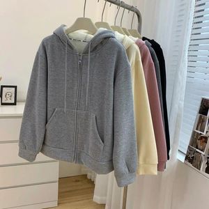 Hoodies femininos casual zíper hoodie feminino inverno velo forrado sólido manga longa topos streetwear cordão solto capuz camisa coreano