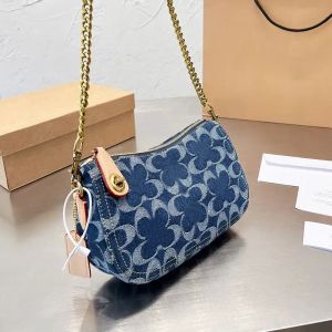 Evening Bags Fashion Underarm Bags Clasical Denim Canvas Bag with a Shoulder Strap Half Moon Crossbody Bags Chambray Print Chain Bag