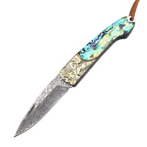 A2239 Coltello pieghevole Damasco Lama in acciaio damasco Conchiglia in abalone con manico in rame inciso Coltelli tascabili EDC da esterno con borsa in nylon