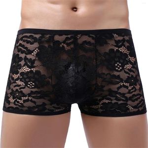 Underpants Men's Lace Thongs Sex Pouch Boxer Shorts Transparent Gays Underwear Erotic Solid High Elastic Breathable Slip Homme Calzoncillos
