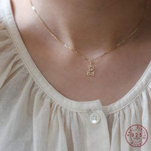 Necklaces S925 Sterling Silver 14k Gold Plated Necklace Hollow Cute Bow Bear Pendant Clavicle Chain for Women Jewelry Gift