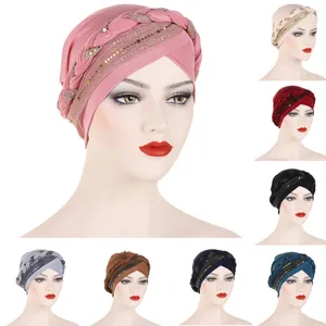 Roupas étnicas Índia Lurex Glitter Cross Braid Jersey Turban Chapéus Beanie Bonnet Canner Islâmico Headwear Chemo Caps Sólidos Perda de Cabelo Muçulmano