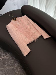 Spring Pink Solid Color Beaded Tweed Jacket Long Sleeve V-Neck Rhinestone Double-Breasted Jackets Coat Short Outwear O3O072202