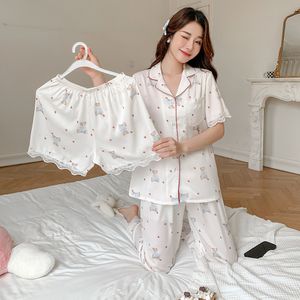 Summer New Pajamas Women's Ice Silk Three piece Set with Lace Sleeves Cartoon Little Bear Home Fury Soft and Smooth