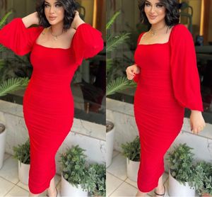 African Sexy Red Sheath Cocktail Party Dresses for Women Square Neck Long Sleeves Tea Length Girls Short Prom Dresses Celebrity Evening Gowns Vestidos