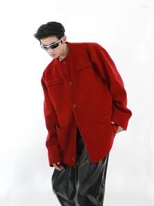 Camisolas masculinas homem roupas cor sólida gola redonda de malha para homens vermelho tripulação com bolsos simples cardigan coreano 2024 outono sheap